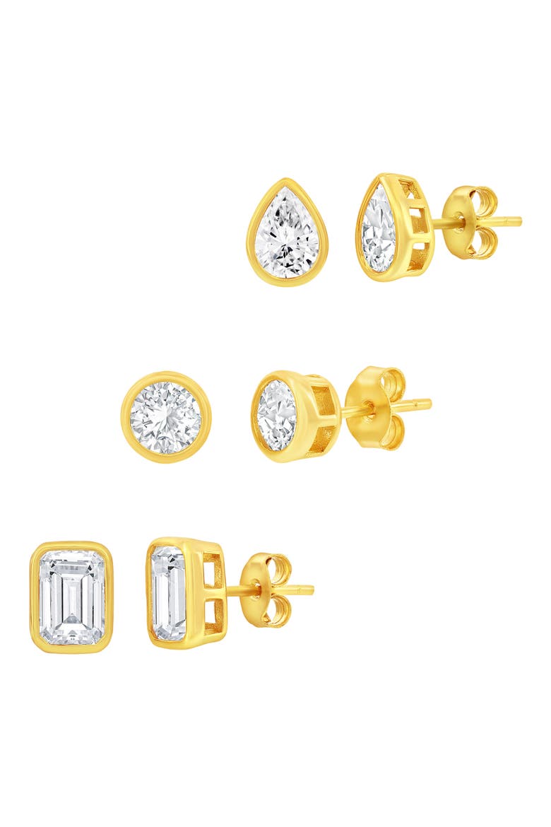 Set of 3 Cubic Zirconia Stud Earrings, Main, color, GOLD