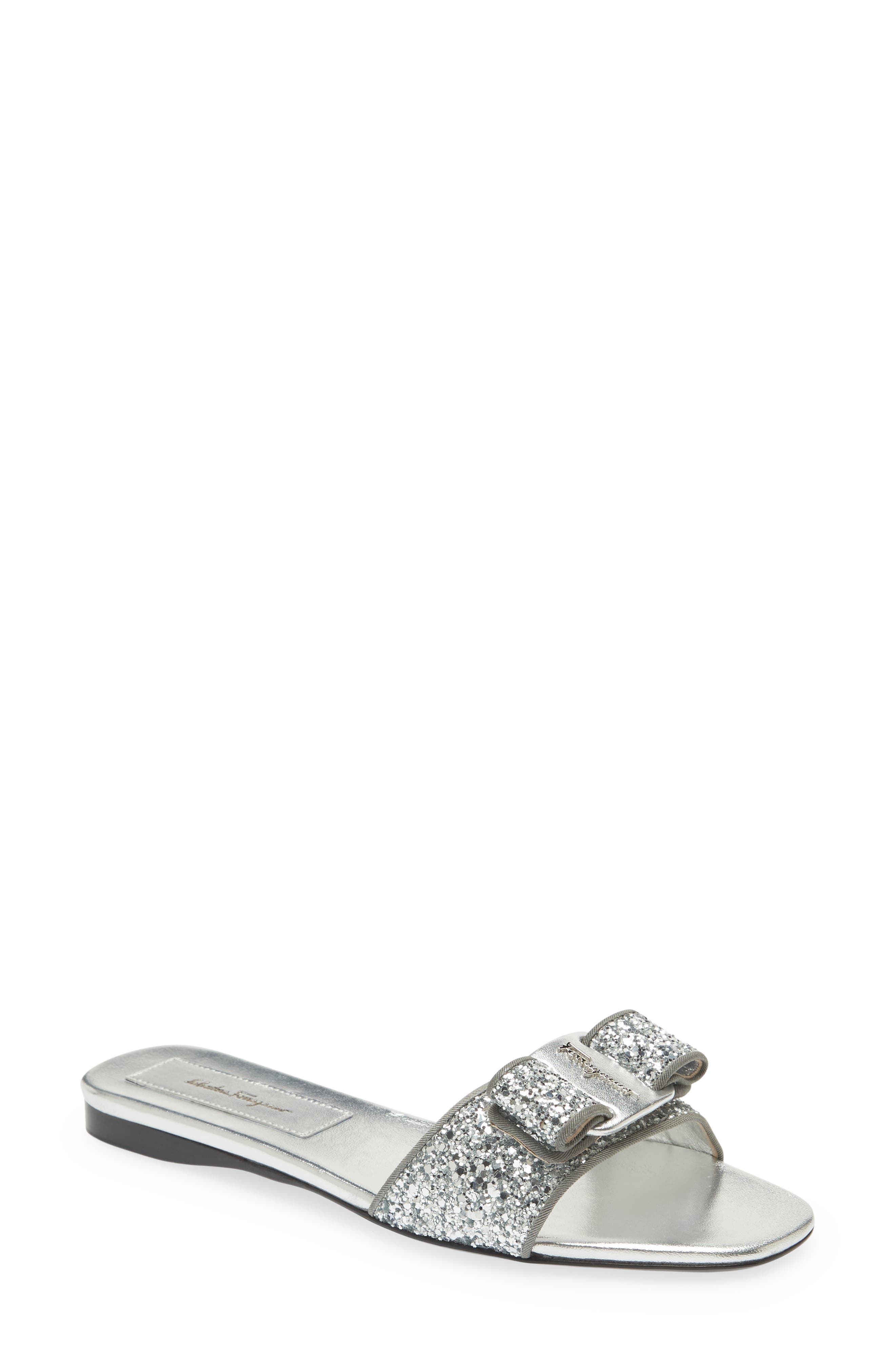 FERRAGAMO Vicky Glitter Bow Slide Sandal, Main, color, 