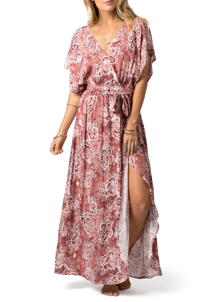 Coastal Tide Floral Faux Wrap Maxi Dress, Main, color, RUST