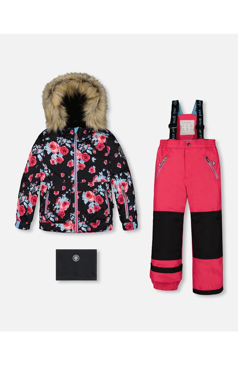 Deux par Deux Girl's Two Piece Snowsuit Black Printed Rose With Fuschia Pink, Main, color, 
