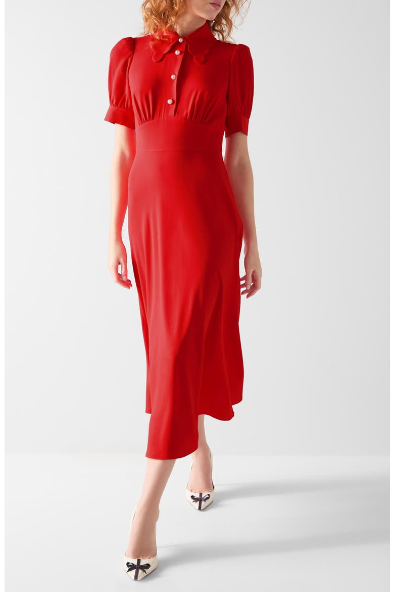 Emma Faux Pearl Button Midi Dress, Alternate, color, RED