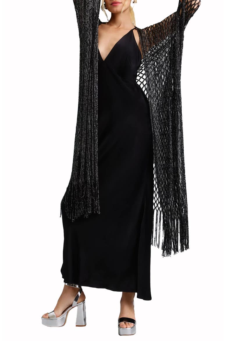 Shimmer Crochet Fringe Kimono, Main, color, BLACK