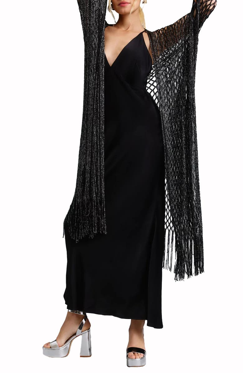 SAACHI Shimmer Crochet Fringe Kimono, Main, color, Black