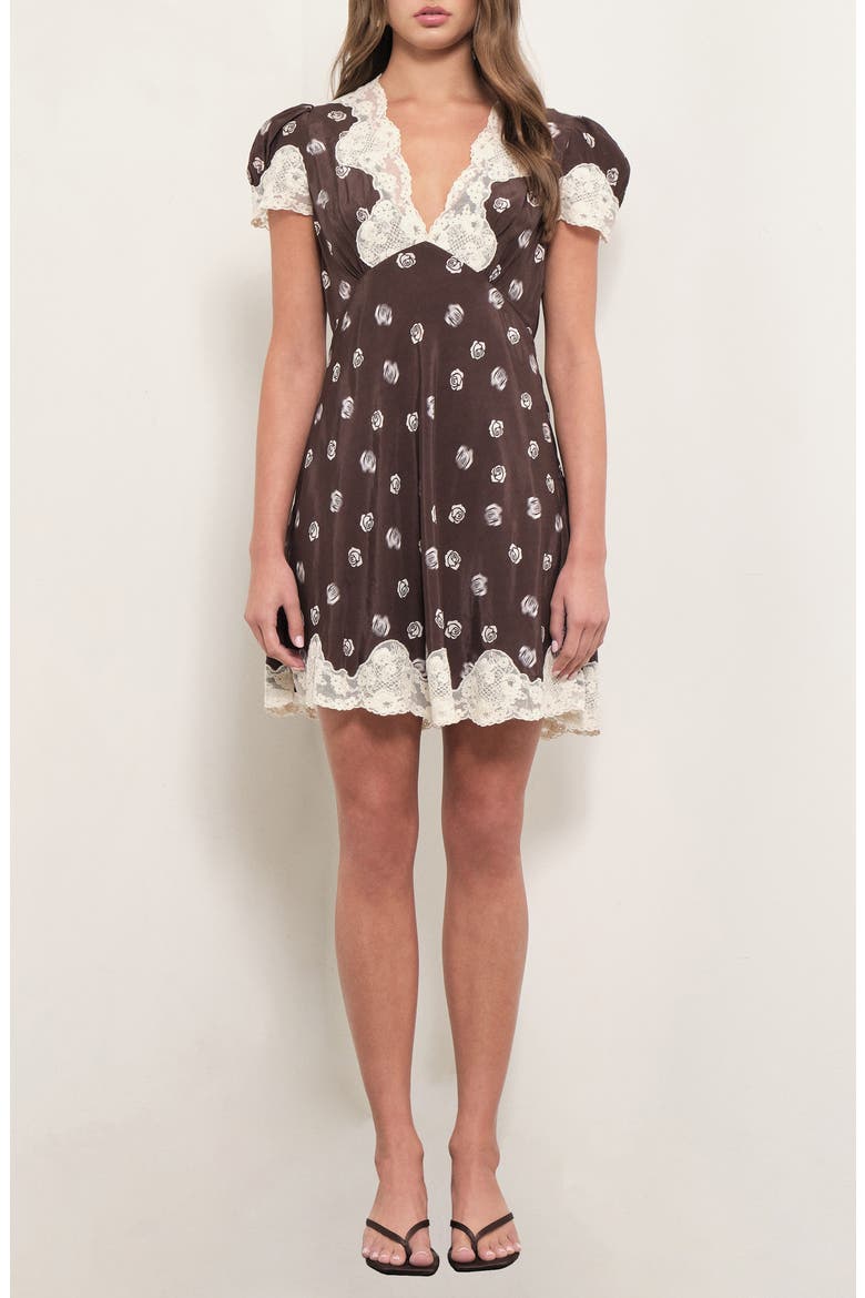 Suzy Lace Trim Minidress, Main, color, BROWN ROSE PRINT