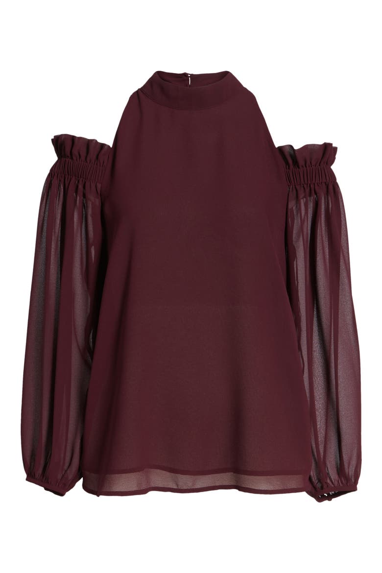 Ruffle Cold Shoulder Top, Alternate, color, BURGUNDY STEM