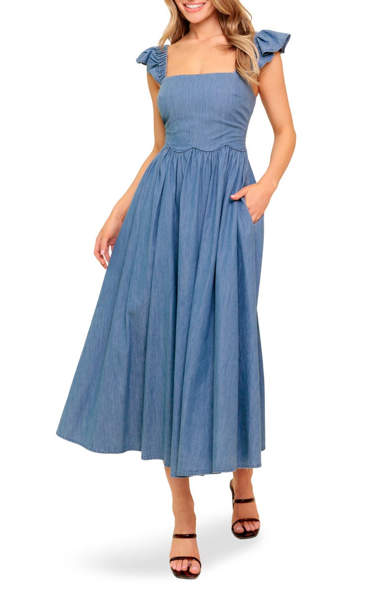 FLYING TOMATO Cap Sleeve Chambray Midi Dress, Main, color,