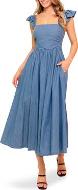 FLYING TOMATO Cap Sleeve Chambray Midi Dress