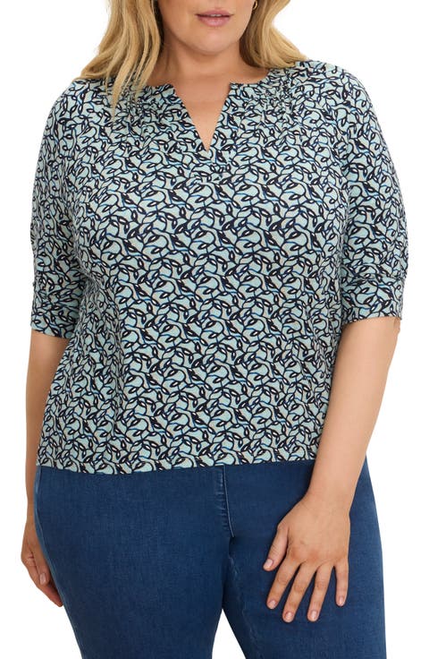Fine Vines Print Split Neck Top (Plus)
