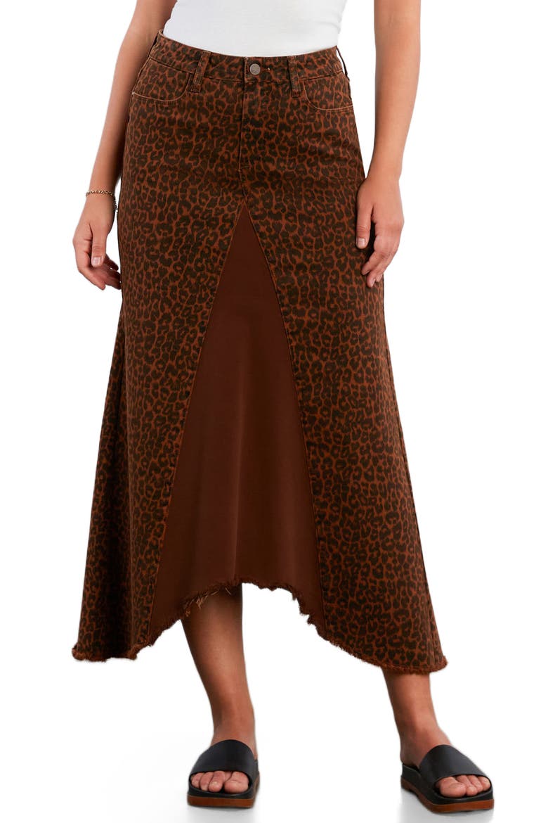 Leopard Print Pieced Denim Midi Skirt, Main, color, BROWN LEOPARD