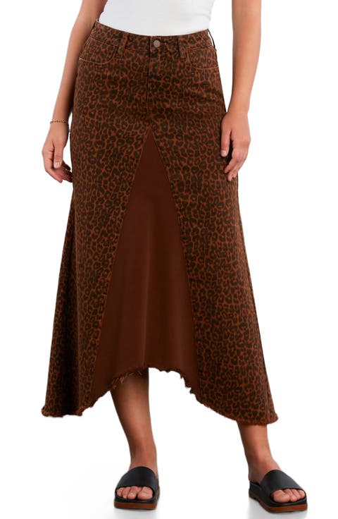 Leopard Print Pieced Denim Midi Skirt
