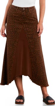 Wash Lab Denim Leopard Print Pieced Denim Midi Skirt