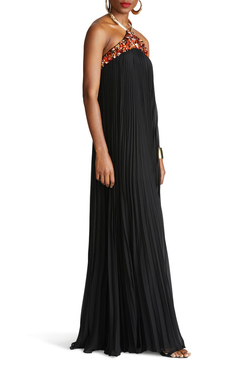 HALSTON Pythia Pleated Chiffon Halter Neck Gown, Alternate, color,