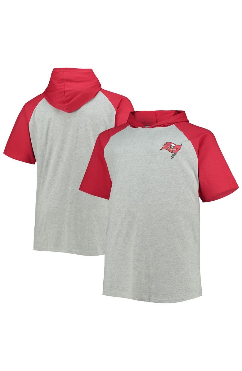PROFILE Men's Heathered Gray/Red Tampa Bay Buccaneers Big & Tall Raglan Short Sleeve Pullover Hoodie, Main, color, 