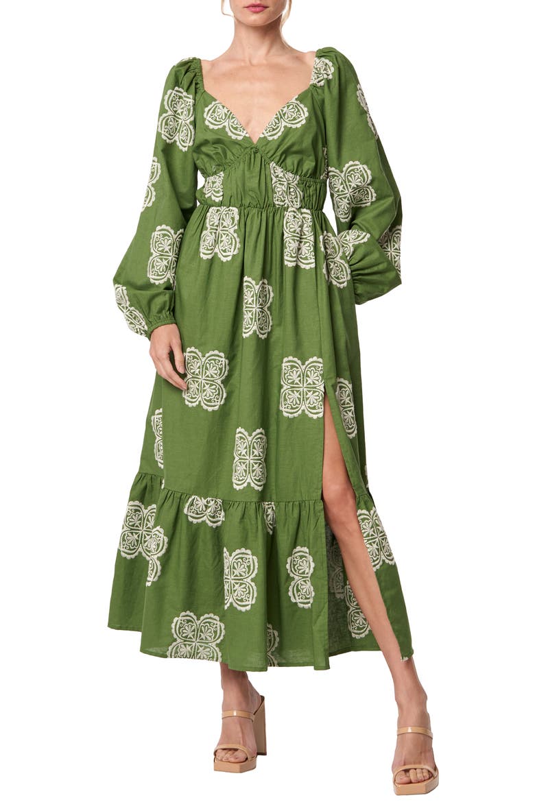 Serbita Medallion Embroidery Long Sleeve Cotton & Linen Midi Dress, Main, color, GREEN