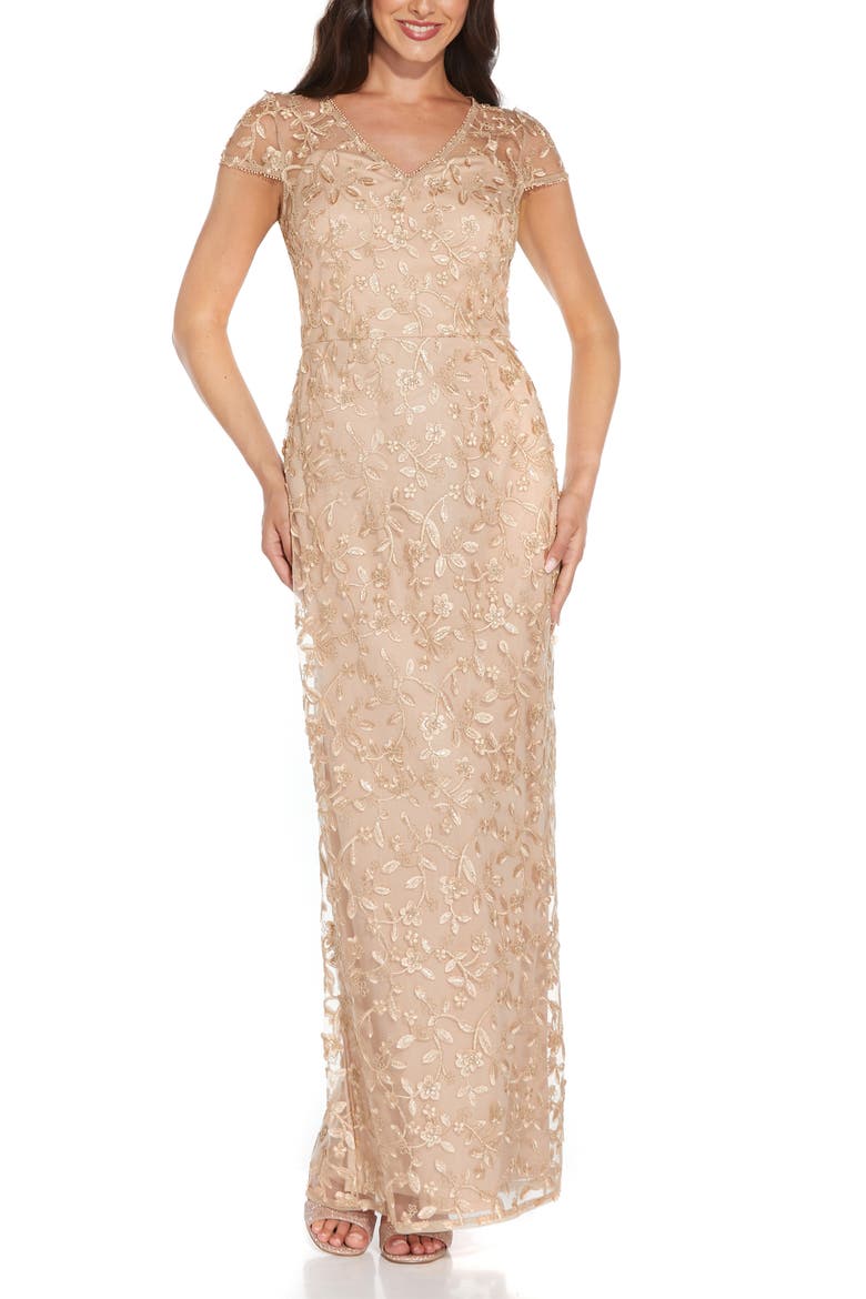Embroidered Column Gown, Main, color, GOLD