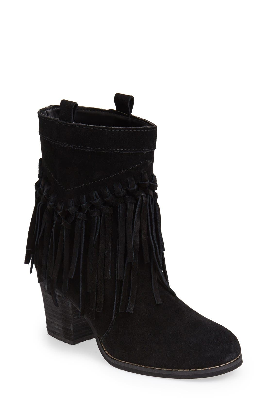 'Sound' Fringe Suede Bootie, Main, color, BLACK SUEDE