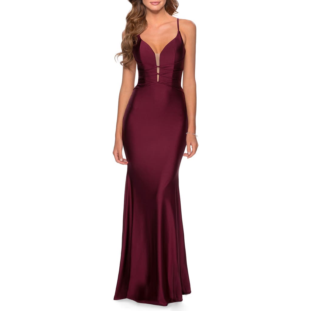La Femme Long Dress With Knotted Detail And Lace Up Back In Burgundy
