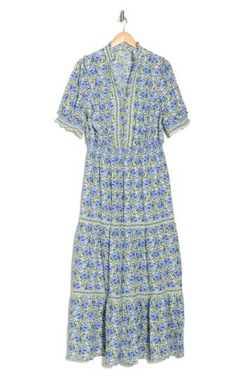 Max Studio Short Sleeve Tiered Maxi Dress In Crm/sky Navy