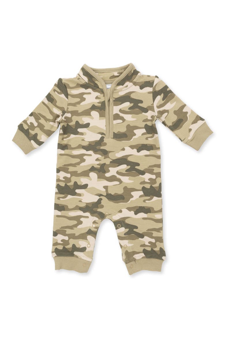 Camouflage Half Zip Stretch Organic Cotton French Terry Romper, Main, color, GREEN