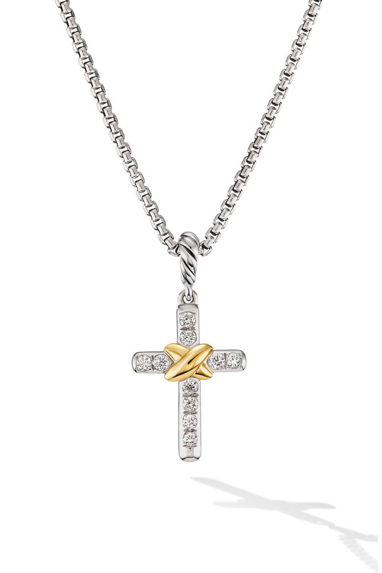 Petite Diamond Cross Charm Necklace, Main, color, STERLING SILVER/ YELLOW GOLD