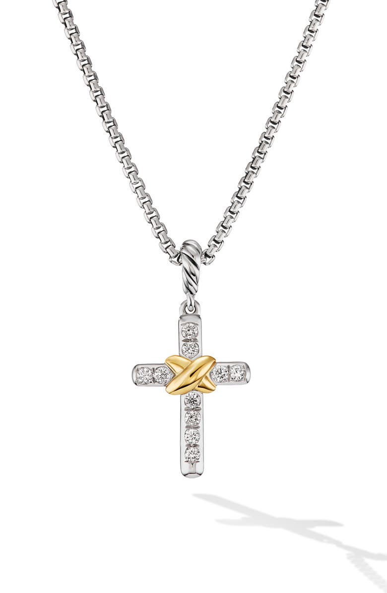 David Yurman Petite Diamond Cross Charm Necklace, Main, color, Sterling Silver/ Yellow Gold