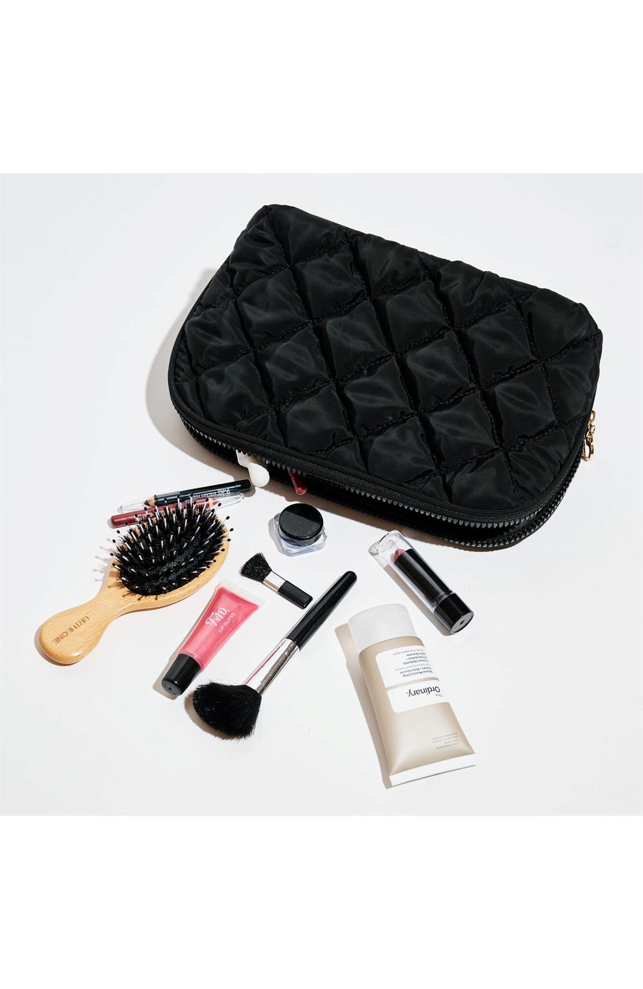Cloud Kiss - Quilted Puffer Nylon Cosmetic & Travel Organizer Dome Pouch, Alternate, color, Black