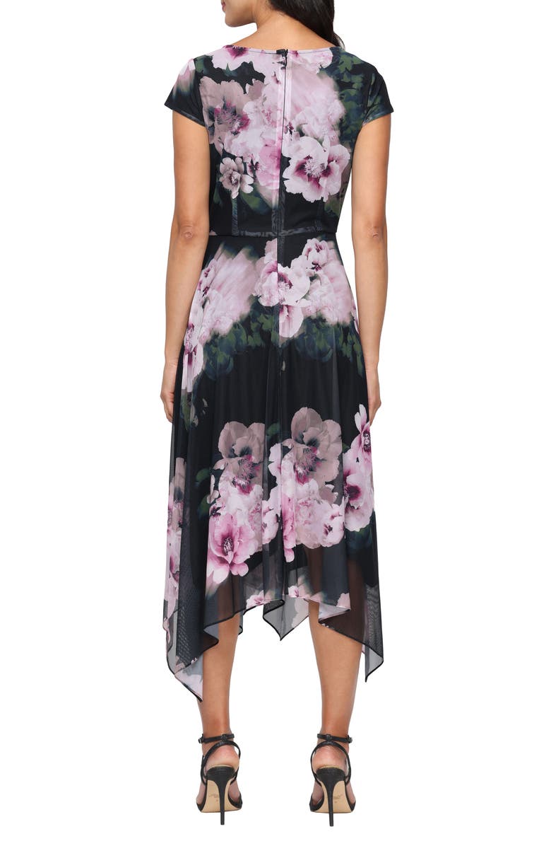 SL FASHIONS Floral Cap Sleeve Mesh Midi Dress, Alternate, color, Black Multi