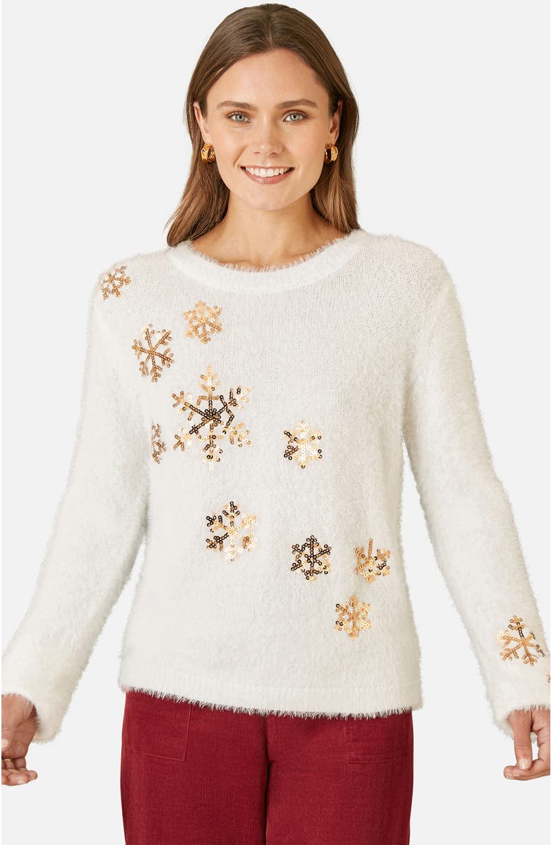 Yumi Sequin Snowflake Fluffy Sweater, Main, color, Ivory