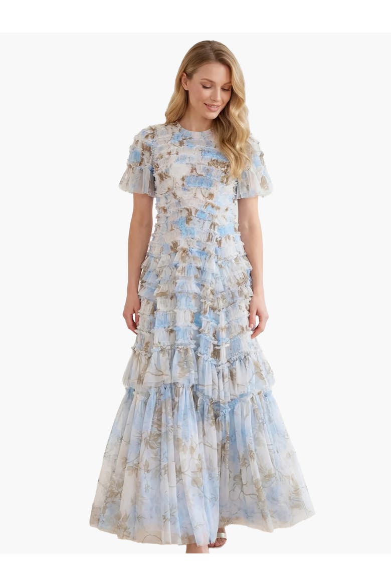 Wisteria Valentine Ruffle Gown, Main, color, Optic White/Blue