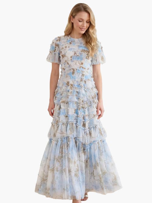 Needle & Thread Wisteria Valentine Ruffle Gown In Optic White/blue