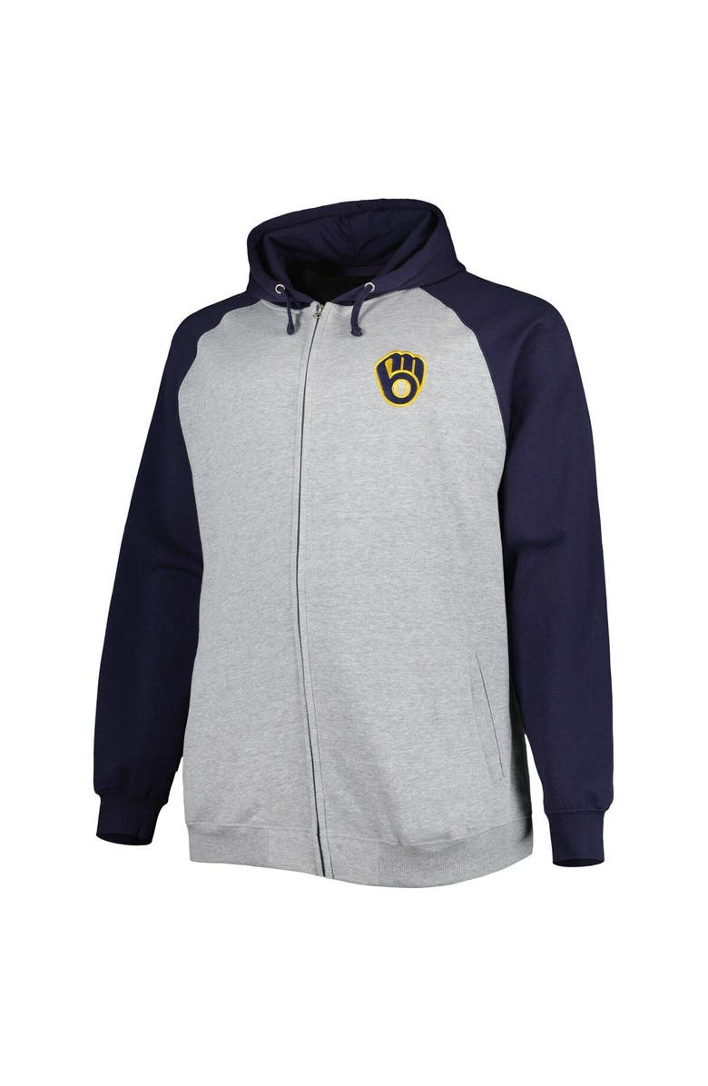 PROFILE Men's Heather Gray/Navy Milwaukee Brewers Big & Tall Raglan Hoodie Full-Zip Sweatshirt, Alternate, color, 
