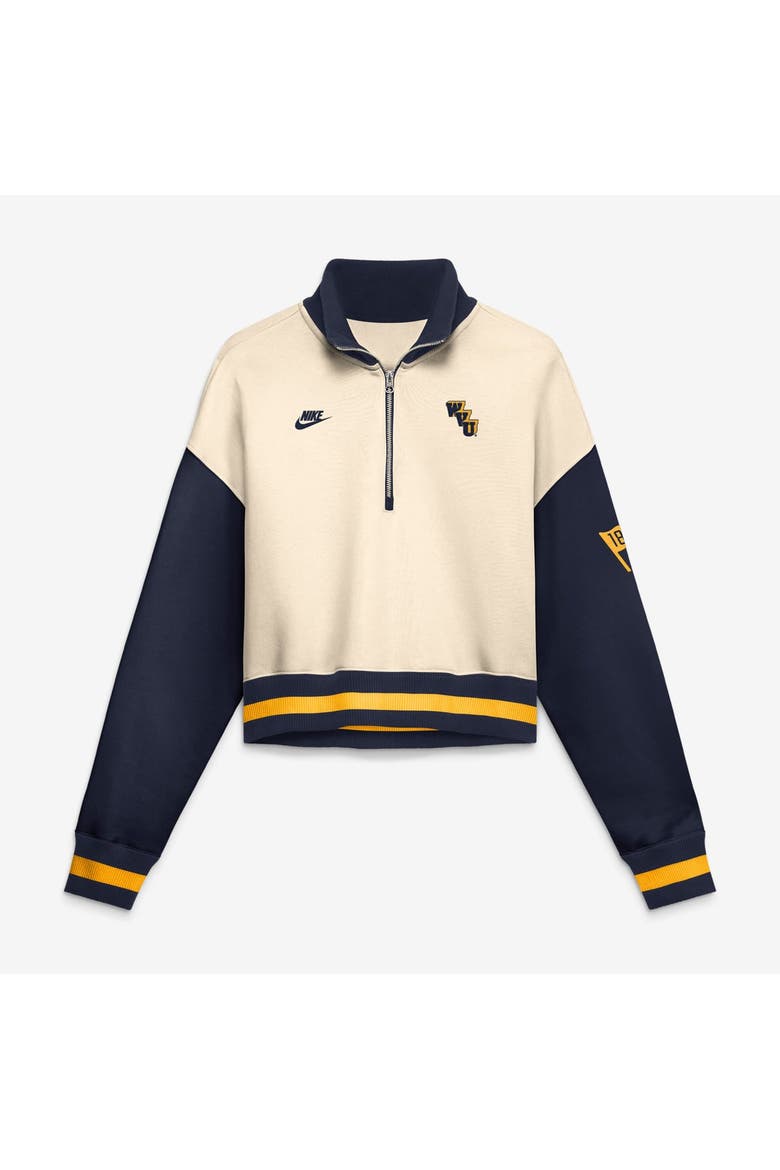 Women's Nike Natural/Navy West Virginia Mountaineers Oversized Legacy Color Block Cropped Quarter-Zip Pullover, Main, color, Natural