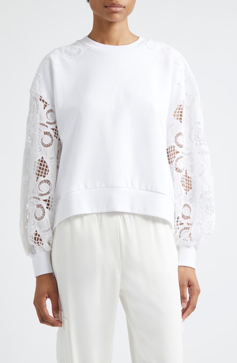 Cinq à Sept Lace Sleeve Cotton Sweatshirt, Main, color, White