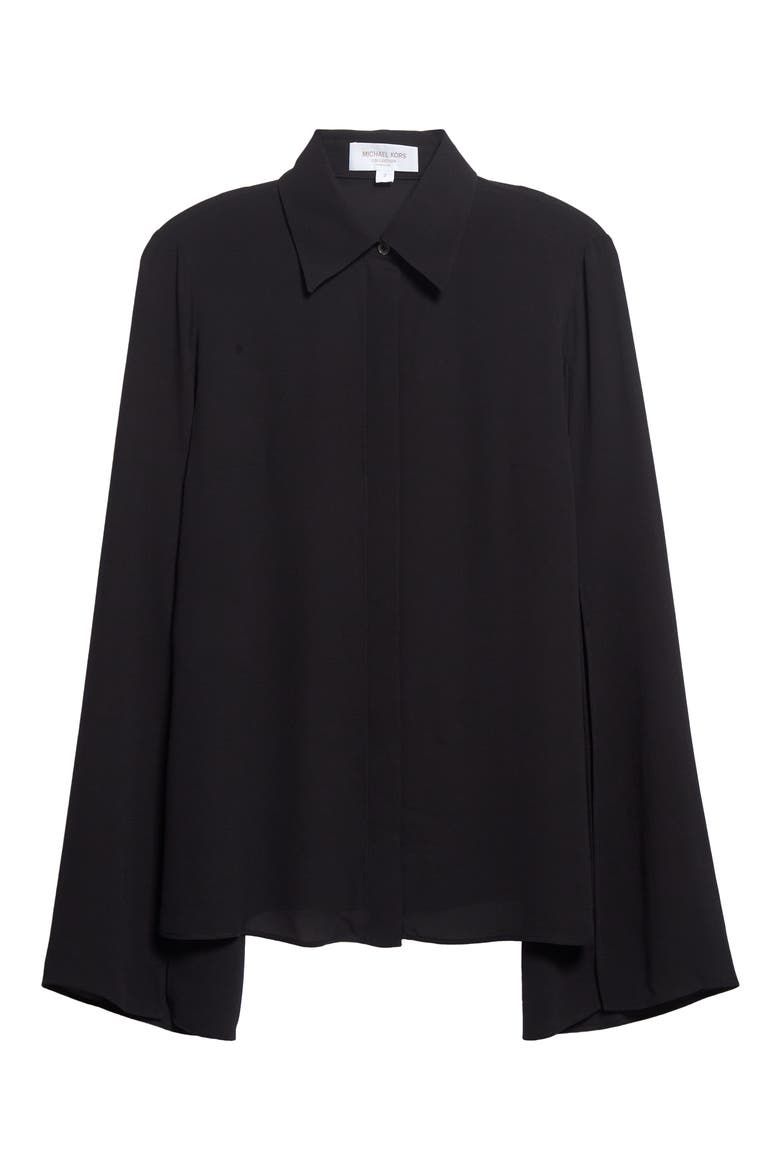 Split Sleeve Silk Georgette Button-Up Shirt, Alternate, color, BLACK