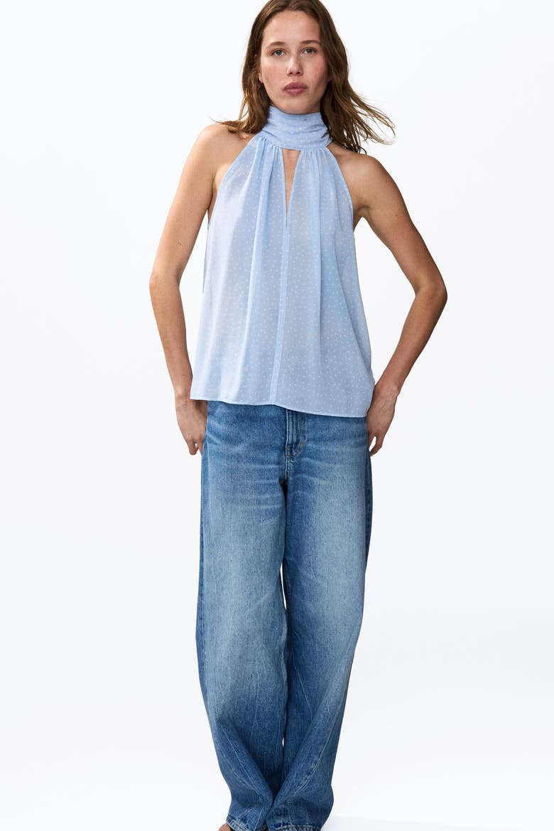 Scarf-collar Chiffon Top, Alternate, color, Light dusty blue/polka dot