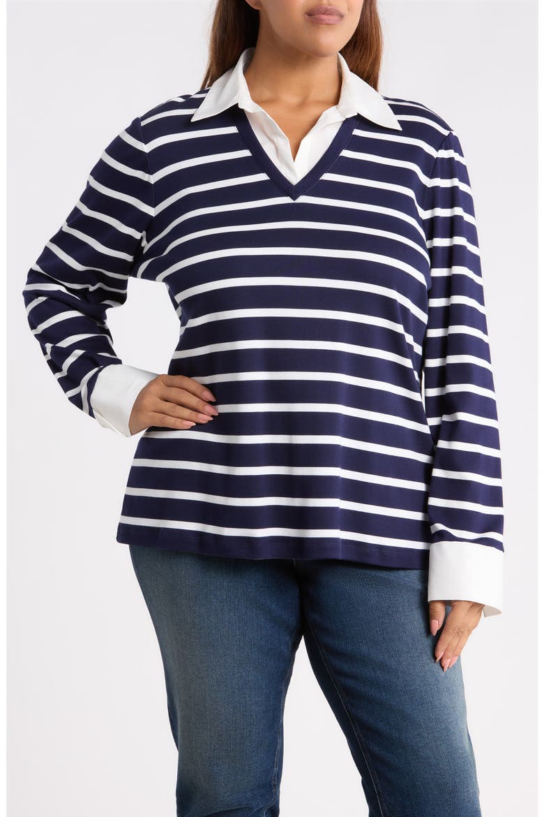Striped Cotton V-Neck Top with Poplin Trim, Main, color, PACIFIC NAVY/ NATURAL WHITE
