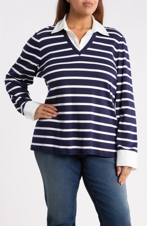 Striped Cotton V-Neck Top with Poplin Trim