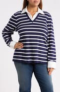 Jones New York Striped Cotton V-Neck Top with Poplin Trim