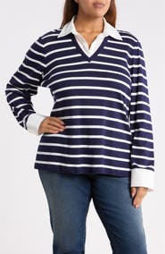Jones New York Striped Cotton V-Neck Top with Poplin Trim
