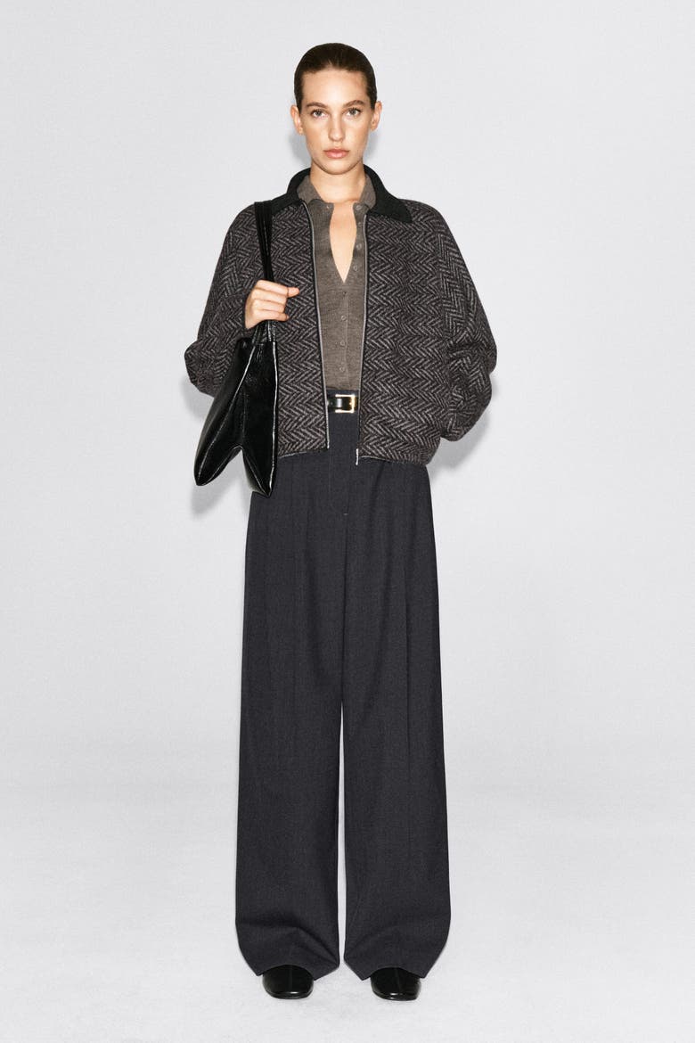 Sculpted Wool-Herringbone Zip-Up Jacket, Alternate, color, GRAY / BLACK