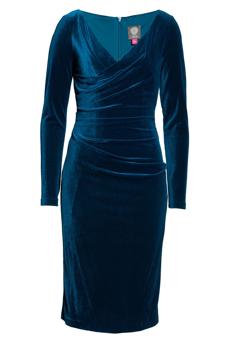 Long Sleeve Ruched Stretch Velvet Dress, Alternate, color, PEACOCK