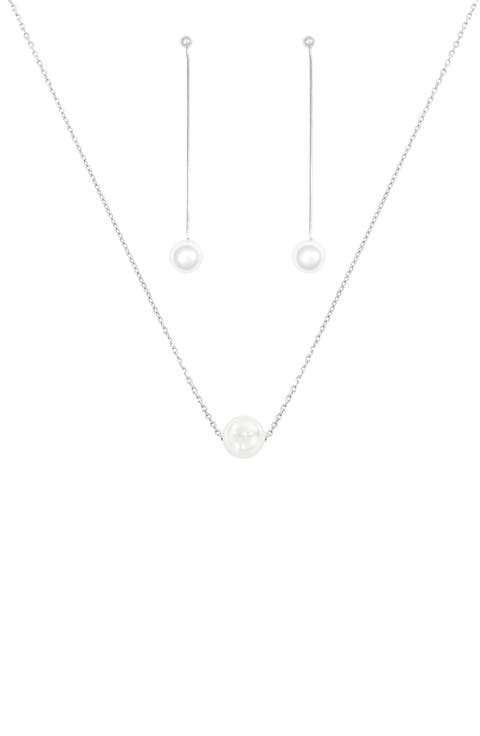 Sterling Silver 18k Gold Plated Abby Single Cultured Pearl Necklace & Dangled Drop Earrings Set Holiday Gift Guide