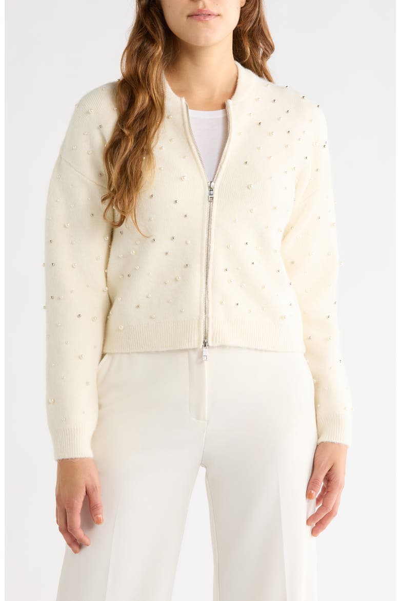 Faux Pearl Embellished Sweater Bomber Jacket, Main, color, CREAM