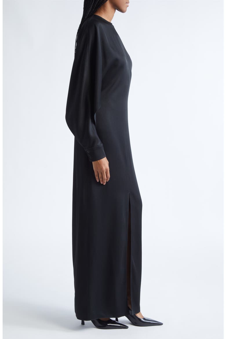 Split Long Sleeve Satin Gown, Alternate, color, BLACK