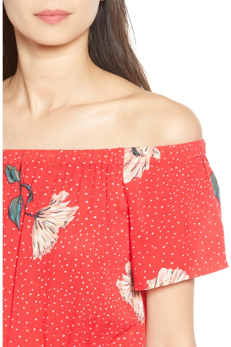Floral & Polka Dot Off the Shoulder Jumpsuit, Alternate, color, RED FLORAL