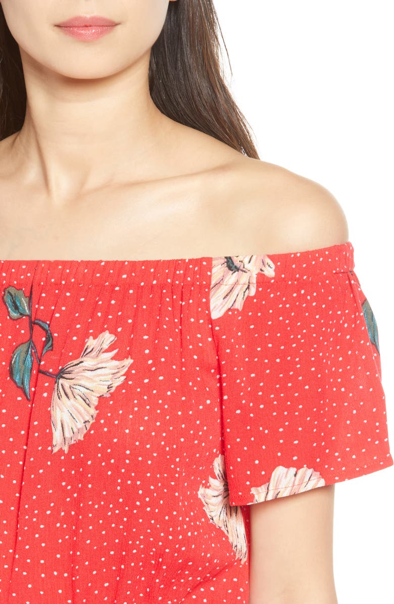 Love, Fire Floral & Polka Dot Off the Shoulder Jumpsuit, Alternate, color, 