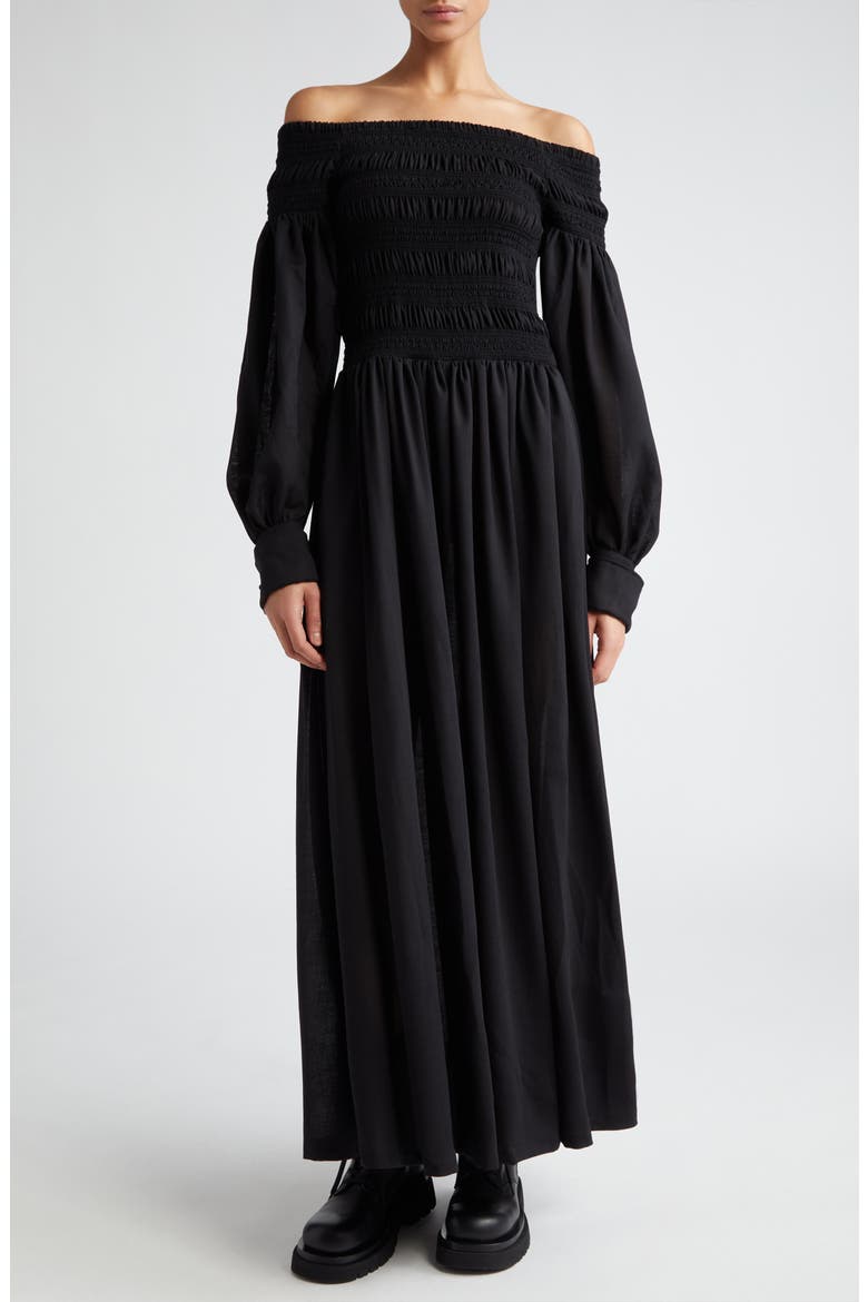 Manu Off the Shoulder Long Sleeve Virgin Wool Maxi Dress, Main, color, BLACK