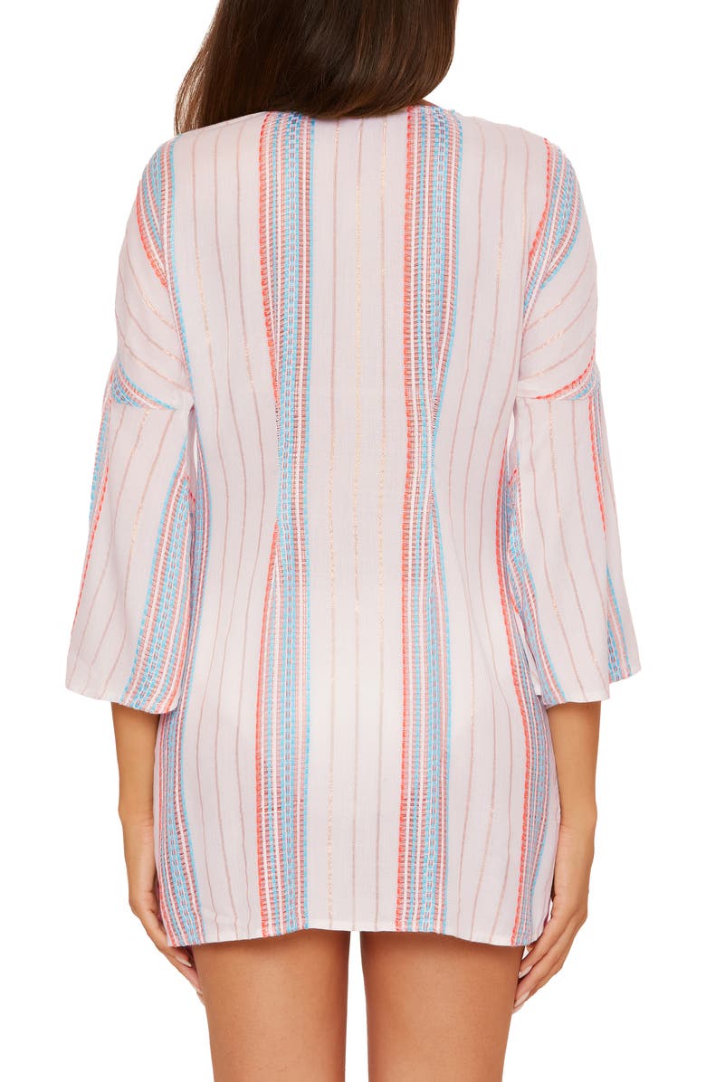 Becca Radiance V-Neck Long Sleeve Cover-Up Tunic, Alternate, color, White/ Coral/ Oasis Stripe
