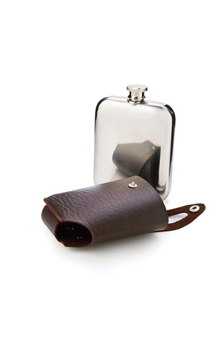 Viski Flask and Traveling Case in Stainless Steel, Alternate, color, Brown
