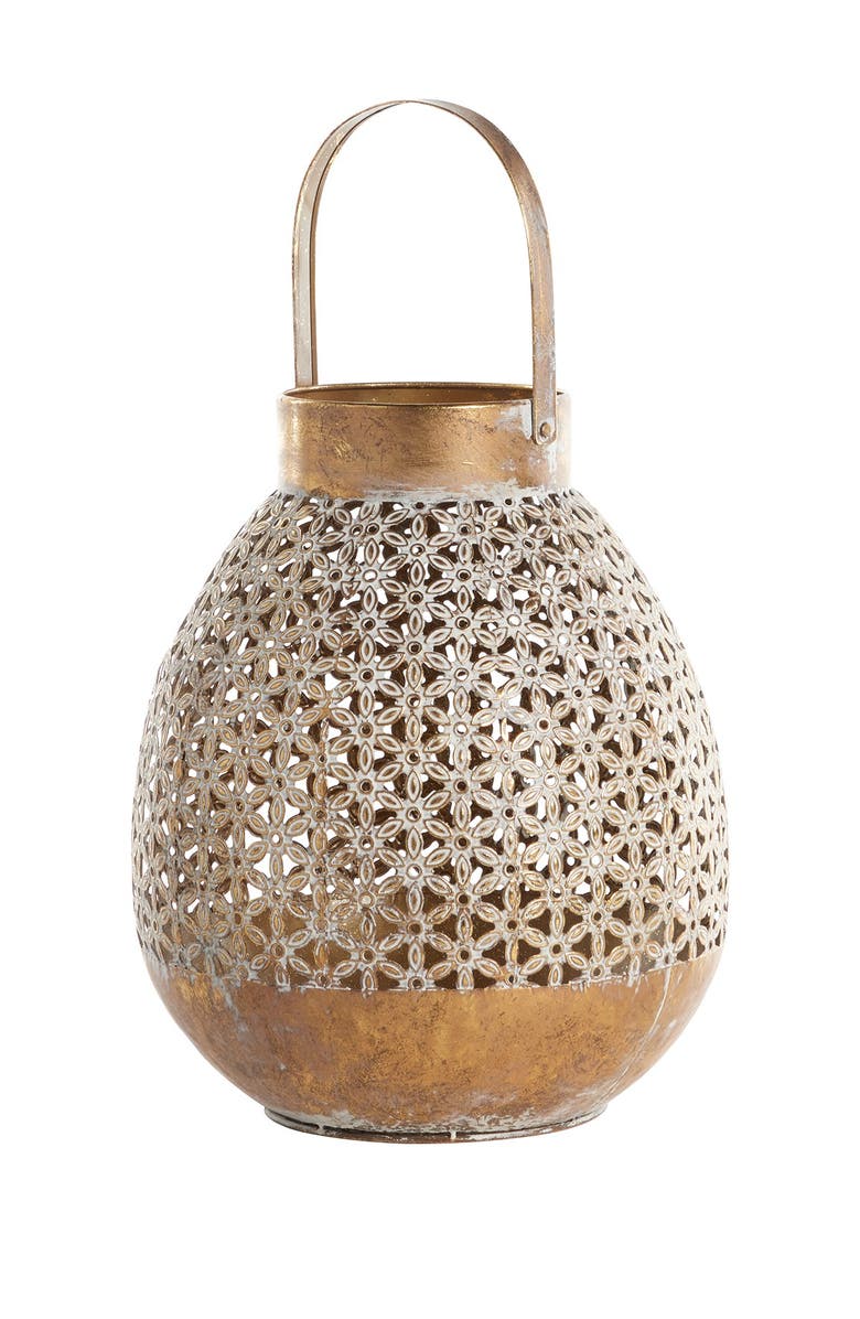 GINGER BIRCH STUDIO Goldtone Metal Laser Cut Candle Lantern with Pattern, Main, color, 